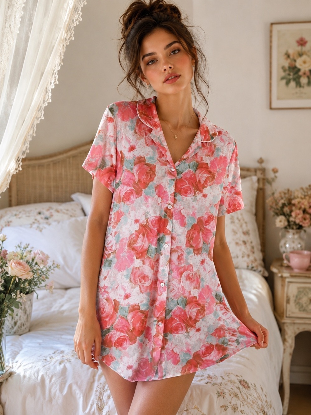 Vintage Private Moments Floral Sleep Shirt Nightgown‎ Silky Button Front Medium